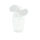 A transparent handheld fan with white blades, featuring a logo on the body.