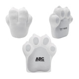 A dog paw-shaped stress reliever in white, featuring a logo on one side.