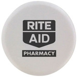 A round white stress reliever designed in the shape of a tablet with a logo.