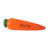 A carrot-shaped stress reliever in vibrant orange with a green top, featuring a logo on the side.