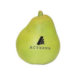 A green pear-shaped stress reliever with a logo on one side, featuring a textured surface.