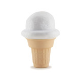 A stress reliever shaped like an ice cream cone with a white scoop and a beige waffle cone. It has a logo on it.