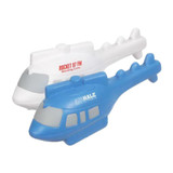 A blue and a white helicopter-shaped stress reliever, featuring logos on both.