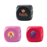 A set of three dice-shaped stress relievers in black, pink, and red, each featuring a logo.
