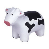 A white and black cow-shaped stress reliever with a pink nose, featuring a simple design and a branding logo.