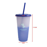 A drink bottle with a gradient design, featuring blue and clear plastic, a lid, straw, and a logo.