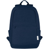 A navy blue recycled canvas laptop backpack with anti-theft features and a front pocket, showcasing a logo.