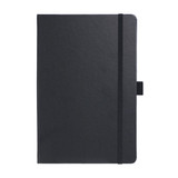 A black notebook with a smooth cover, featuring an elastic band and a bookmark ribbon. It has a branded logo.