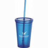 A drink bottle featuring a blue plastic tumbler with a straw and a logo on the front.