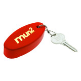 A red floating keychain with a key attached, featuring a logo on its surface.