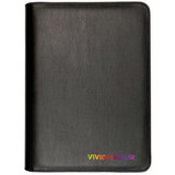 A black zippered compendium with a textured surface and a subtle branding logo at the bottom. A black zippered compendium with a textured surface and a subtle branding logo at the bottom.