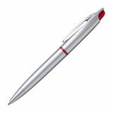 A silver highlighter and pen combination featuring a red top and accents, with a clip for attachment. A silver highlighter and pen combination featuring a red top and accents, with a clip for attachment.