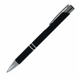 A metal pen in black with silver accents, featuring a clip and branding. A metal pen in black with silver accents, featuring a clip and branding.