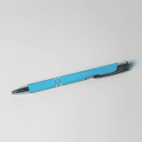 A metal pen in bright blue with silver accents, featuring a logo on the barrel. A metal pen in bright blue with silver accents, featuring a logo on the barrel.