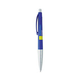 A metallic pen with a blue barrel and silver tip, featuring a clip and branding. A metallic pen with a blue barrel and silver tip, featuring a clip and branding.