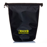 A black 5L dry bag featuring a logo in bright yellow. The bag has a secure closure at the top.