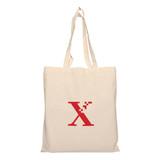 A cream-coloured tote bag with a red logo on the front and two shoulder straps. A cream-coloured tote bag with a red logo on the front and two shoulder straps.