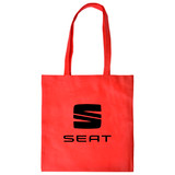 A red shopping tote bag with a gusset and a logo printed on the front.