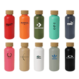 A drink bottle collection featuring various designs in colours like red, orange, green, black, and white, each with a cork lid.