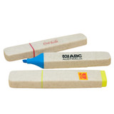 Three eco-friendly highlighters in blue, yellow, and green, featuring logos on their bodies.