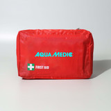 A red first aid kit featuring a logo, designed to hold 45 pieces for health and personal care.
