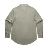 A green button-up linen shirt with long sleeves and a classic collar, featuring a logo on the label.