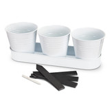 A white keepsake herb planter with three pots on a tray, accompanied by black labels and a white marker.
