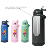 A drink bottle set featuring four bottles in pink, green, grey, and blue with ceramic lining and a logo.