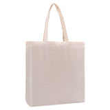 A beige calico tote bag with a gusset and two handles, featuring a logo on one side.