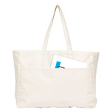 A large cream canvas tote bag with two handles and a front pocket, featuring a visible blue and white item inside. A large cream canvas tote bag with two handles and a front pocket, featuring a visible blue and white item inside.