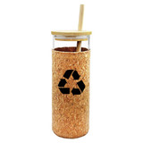 A drink bottle made of glass with a cork exterior and a bamboo lid, featuring a recycling symbol.