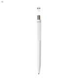A white plastic pen with a silver clip and a smooth barrel, featuring a logo near the top. A white plastic pen with a silver clip and a smooth barrel, featuring a logo near the top.