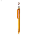 A plastic pen in a bright orange colour with a clear clip and a metallic tip, featuring a logo on the clip. A plastic pen in a bright orange colour with a clear clip and a metallic tip, featuring a logo on the clip.