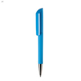 A blue plastic pen with a textured grip and a shiny metallic tip. Features a logo on the body. A blue plastic pen with a textured grip and a shiny metallic tip. Features a logo on the body.