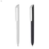 A set of plastic pens in white and black, featuring a sleek design and a logo on the side. A set of plastic pens in white and black, featuring a sleek design and a logo on the side.
