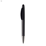 A black plastic pen with a glossy finish and a silver tip. The pen features a logo on its body. A black plastic pen with a glossy finish and a silver tip. The pen features a logo on its body.