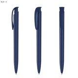 A plastic pen in a navy blue colour with a cap and a clip, featuring a logo. A plastic pen in a navy blue colour with a cap and a clip, featuring a logo.