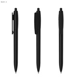 A set of black plastic pens featuring a sleek design and clip for convenience, with branding visible.