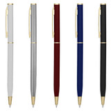 A collection of metal pens in white, silver, burgundy, blue, and black, each with gold accents and a branding logo.
