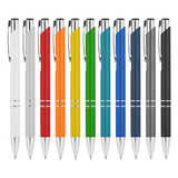 A selection of metal pens in white, red, orange, yellow, green, blue, dark blue, and black, featuring chrome accents.