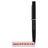 A black metal pen with a sleek design and a clip, featuring a logo on the barrel.