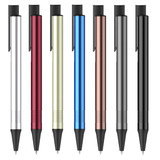 A set of eight metal pens in silver, red, gold, blue, rose gold, grey, and black, featuring a clip and a textured grip.