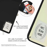 A6 cork soft wood notebook with NFC label on the front cover and inside. Features a sleek black design.