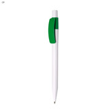 A white plastic pen with a green clip and black ink. It features a logo on the barrel. A white plastic pen with a green clip and black ink. It features a logo on the barrel.