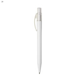 A white plastic pen with a clear cap and clip, featuring a branding logo. A white plastic pen with a clear cap and clip, featuring a branding logo.