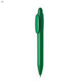 A green plastic pen with a clip and rounded tip, featuring a brand logo. A green plastic pen with a clip and rounded tip, featuring a brand logo.