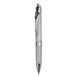 A plastic pen in grey with a silver clip and accents. Features a logo on the barrel.
