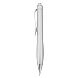 A silver plastic pen with a sleek design and a clip, featuring a shiny finish and a pointed tip.