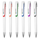 A collection of six white plastic pens with coloured accents: orange, green, blue, purple, and black. Each pen has a logo.