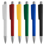 A range of plastic pens in white, red, yellow, green, blue, and black, each featuring a silver clip and tip.